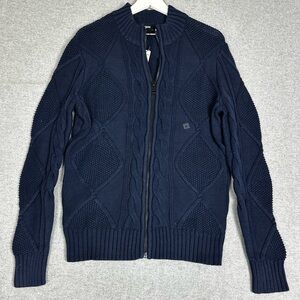 Express Sweater Mens Medium Navy Full Zip Mock‎ Neck Cable Knit Cardigan Cotton